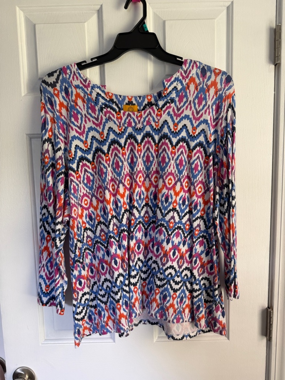 Ruby Rd. Multicolor Ikat-Print Long Sleeve Top — Blue, Pink, Orange, Purple